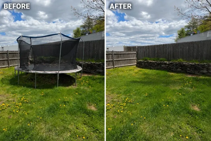Before-and-after backyard view: trampoline removed, leaving a grassy yard with fence and cloudy sky.
