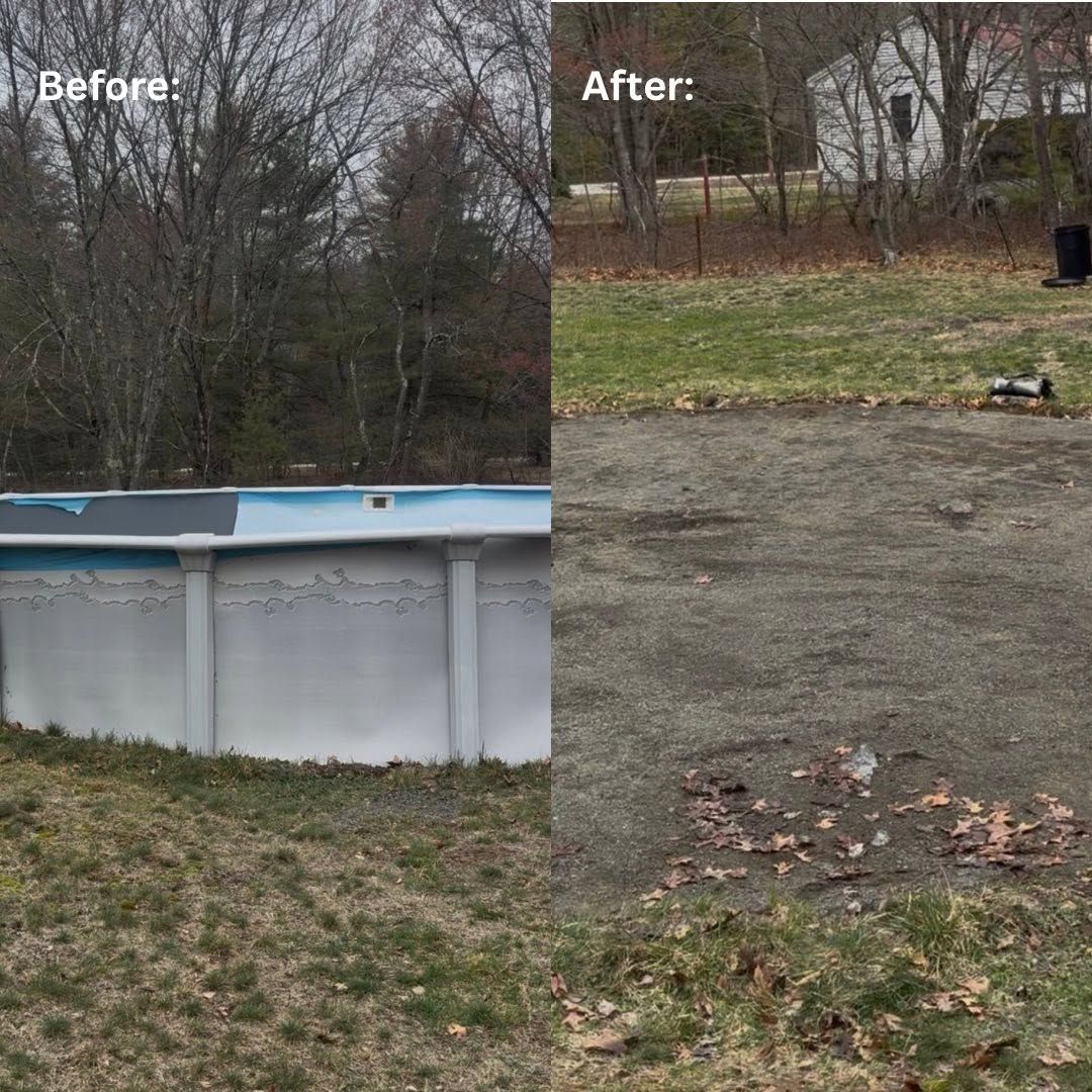 Before-and-after backyard: above-ground pool removed, leaving a bare dirt yard with scattered leaves.