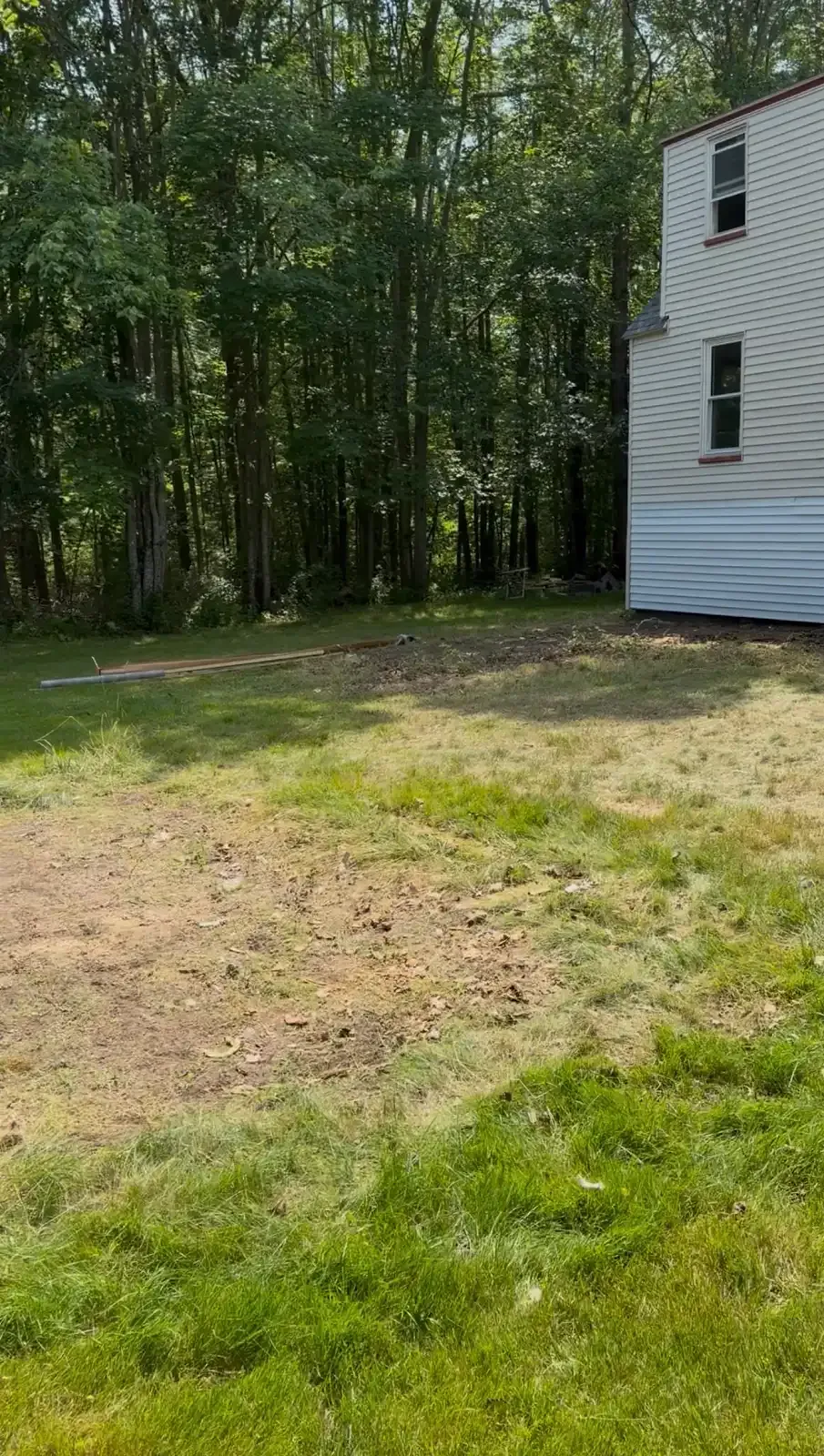 Backyard lawn beside a white house, with trees in the background and patchy grass.