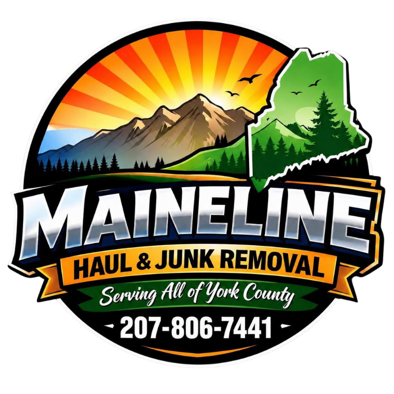 Maineline Haul & Junk Removal logo with mountains, sunrise, green Maine outline, and phone number 207-806-7441