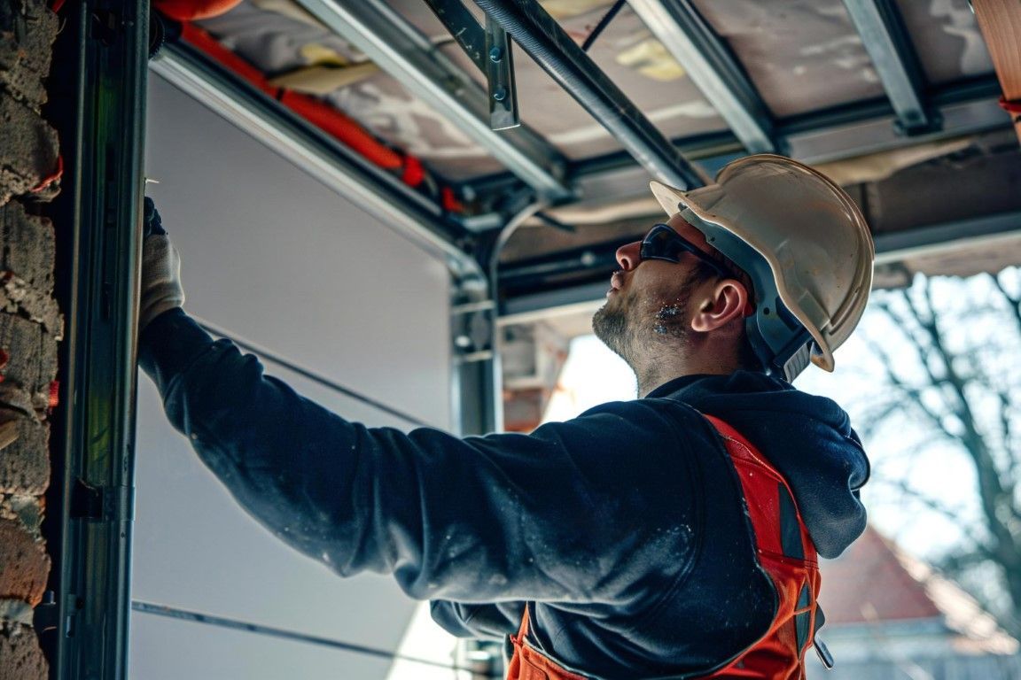 A man wearing a hard hat and safety glasses is working on a garage door.