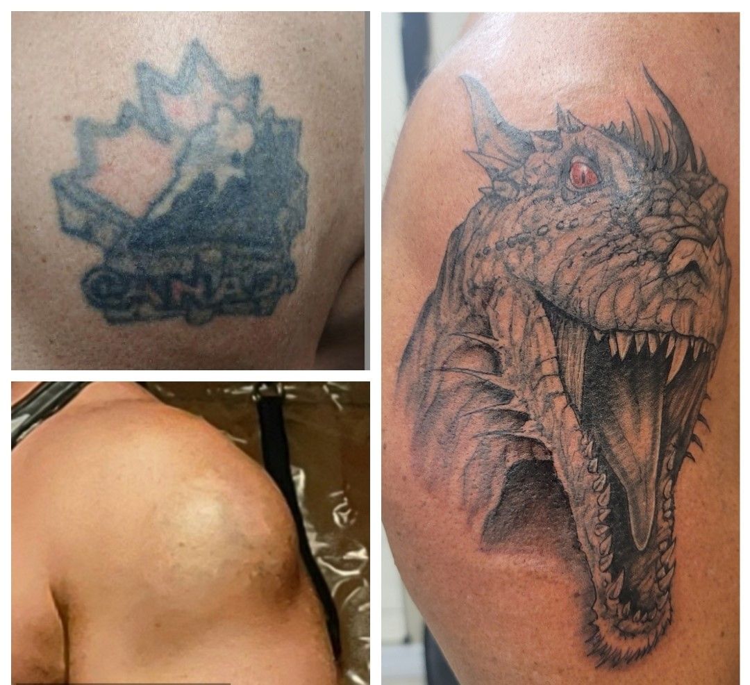 Three tattoo progress photos: a faded maple leaf, a realistic dragon head, and a shoulder tattoo in progress