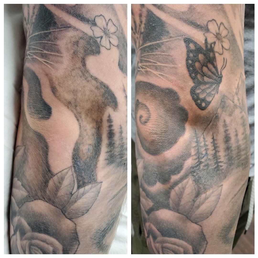Side-by-side tattoo close-up: a black-and-gray butterfly over abstract swirls and floral linework on skin