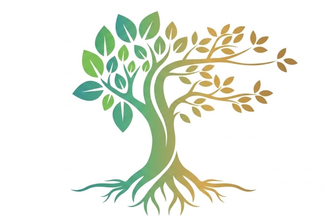 Stylized tree logo with green and gold leaves and roots on a white background