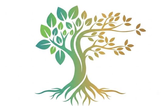 Stylized tree logo with green and gold leaves and roots on a white background