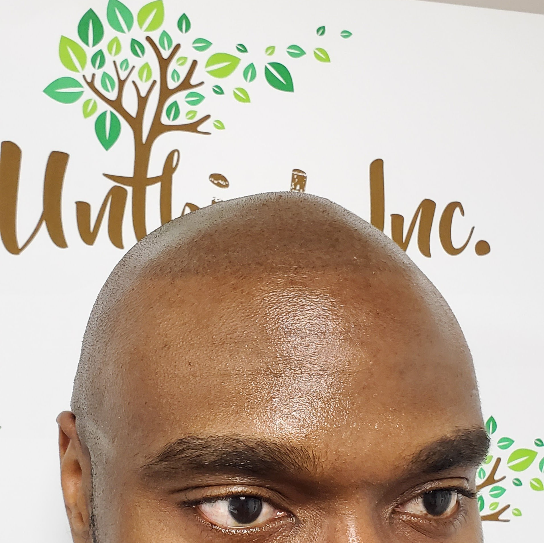 Close-up of a bald man in front of a logo backdrop with a tree graphic
