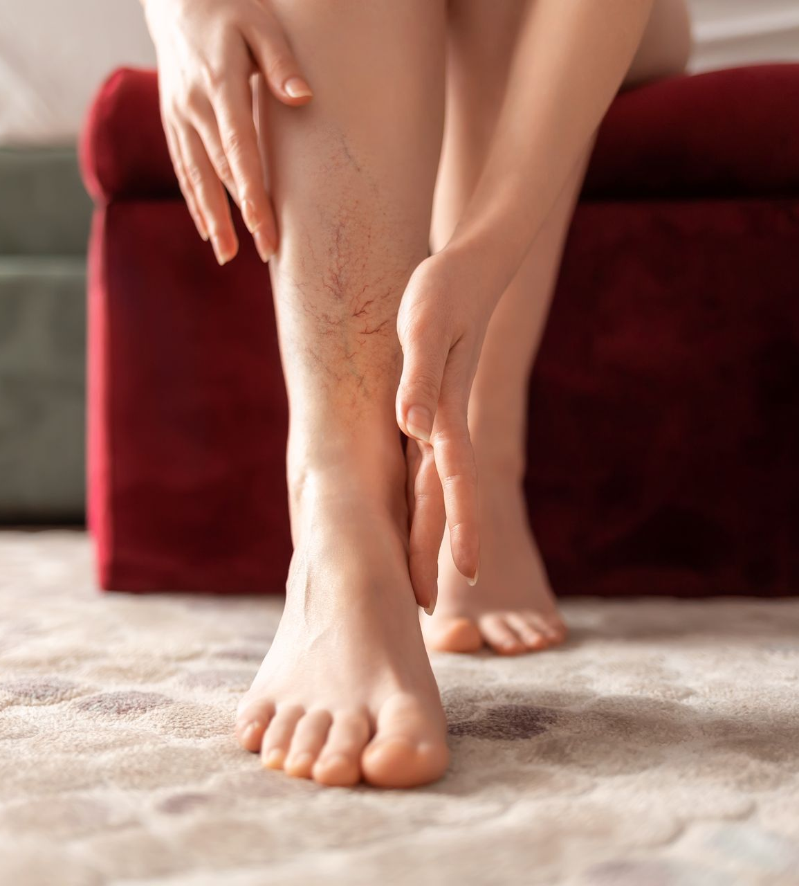 Hands massaging a bare foot and shin on a carpeted floor, with a red sofa in the background