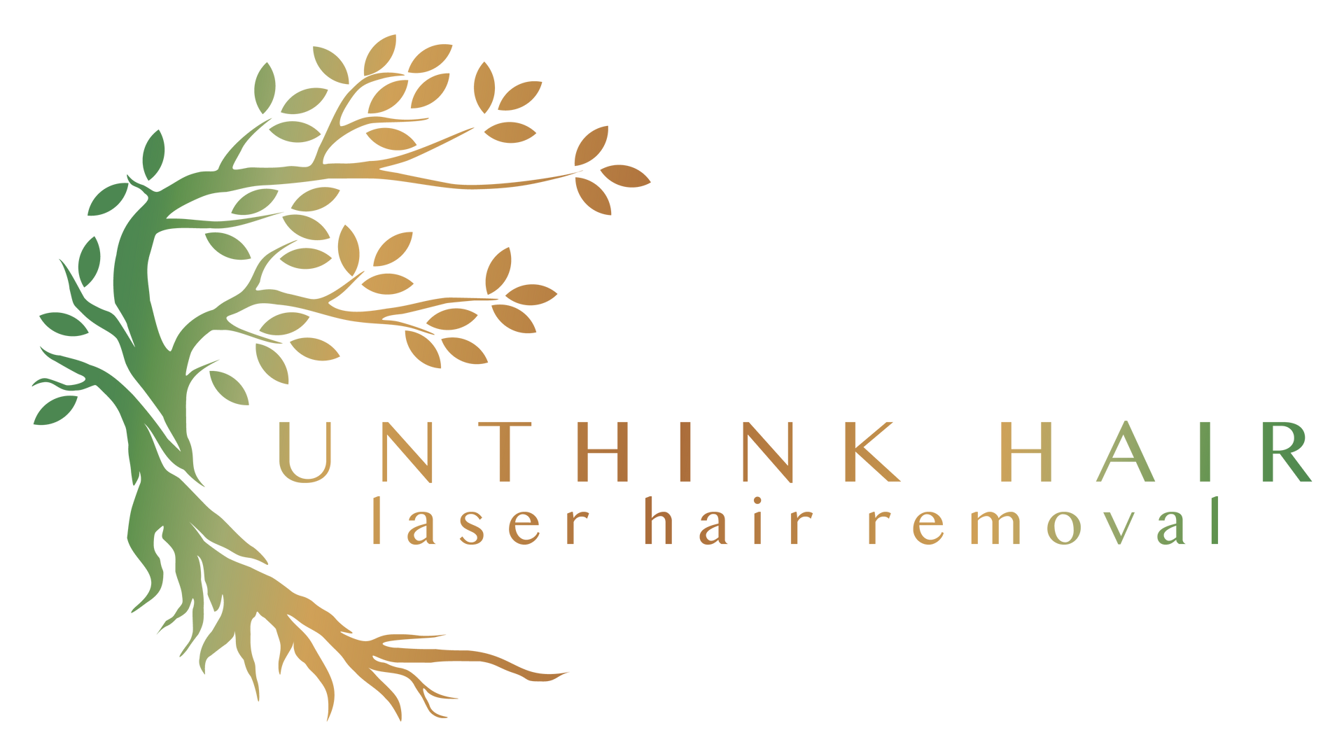 Unthink Hair laser hair removal logo with green and gold leafy tree design