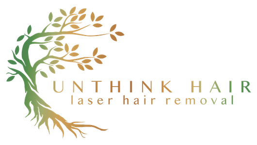 Unthink Hair laser hair removal logo with green and gold leafy tree design