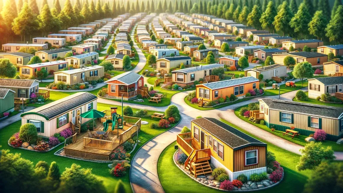 an aerial view of a mobile home park filled with lots of mobile homes .