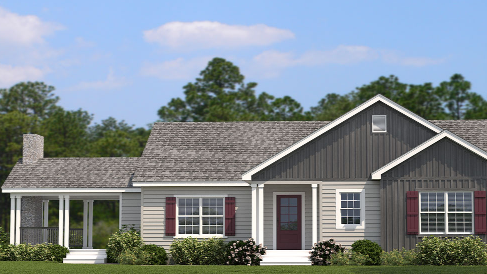 Gray house with a front porch and red shutters, under a blue sky, set amidst green trees.