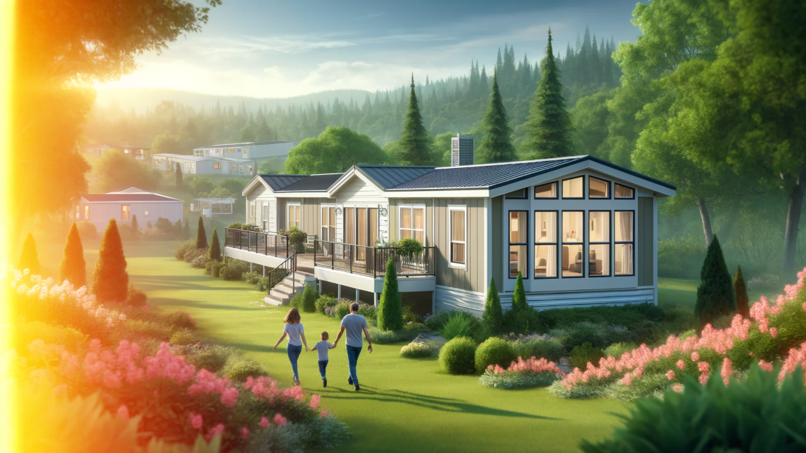 An artist 's impression of a family walking in front of a mobile home.