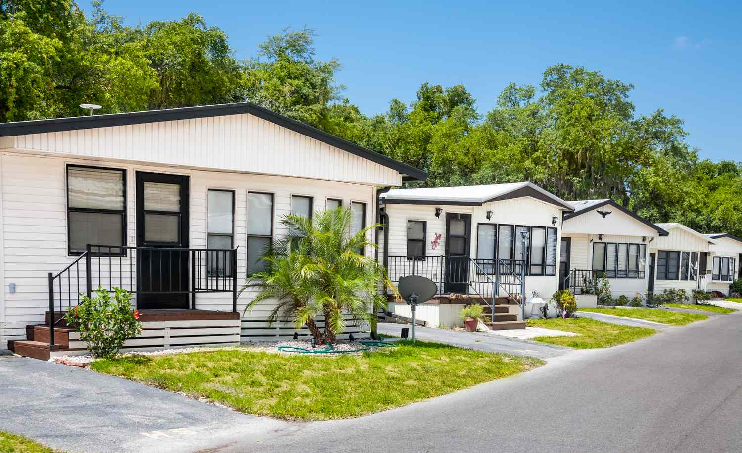 “Row of well-maintained manufactured homes with landscaped yards in a peaceful mobile home community