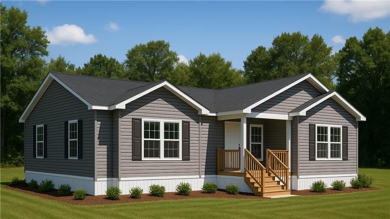 Single-story manufactured home with gray siding, black shutters, front wooden steps, and surrounding green lawn.