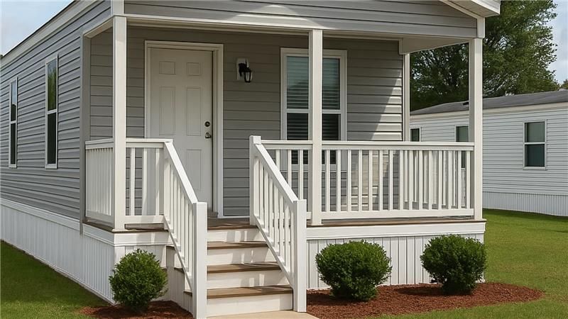 “Small manufactured home with front porch, white railings, and steps leading to the entrance in a re