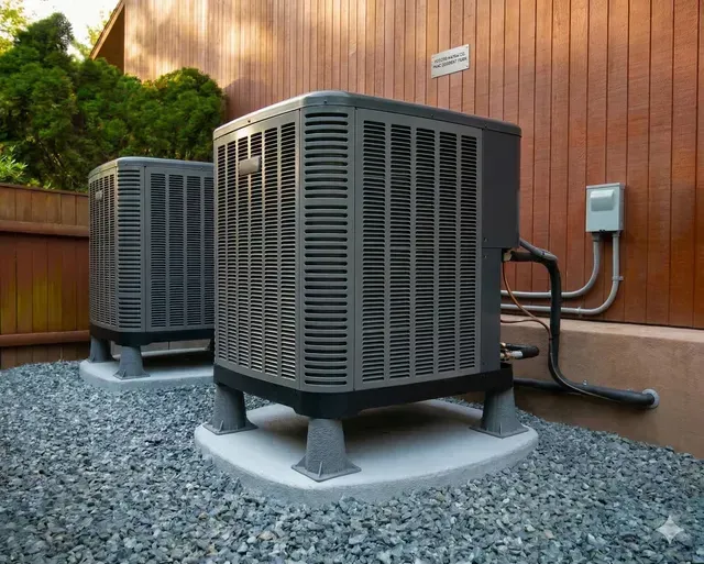 Two gray outdoor HVAC units on gravel beside a wooden building and fence.