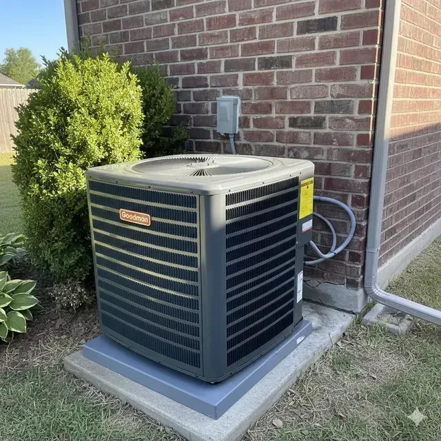 Outdoor HVAC air conditioner unit beside a brick house, set on a concrete pad near shrubs