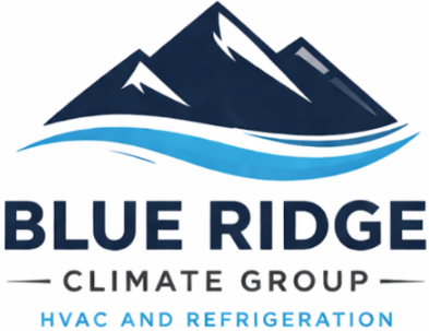 Blue Ridge Climate Group logo with mountain graphic and blue wave, HVAC and refrigeration text