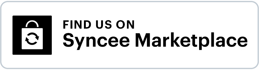 A black and white logo that says `` find us on syncee marketplace ''