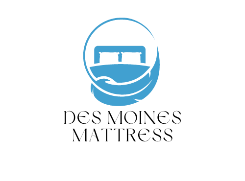 The logo for des moines mattress shows a bed in a circle.