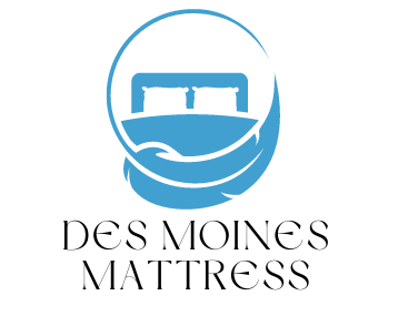 A blue and white logo for des moines mattress