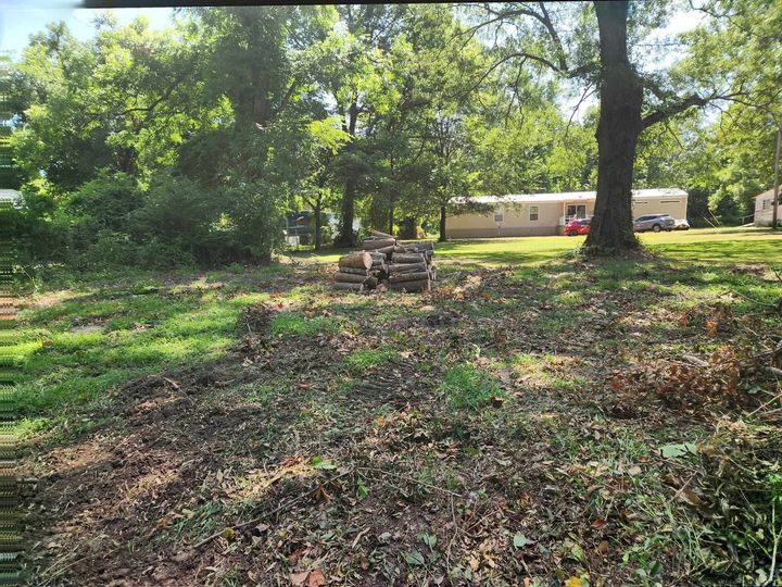 Leaf-covered yard with a stone fire pit, large trees, and a house in the background.