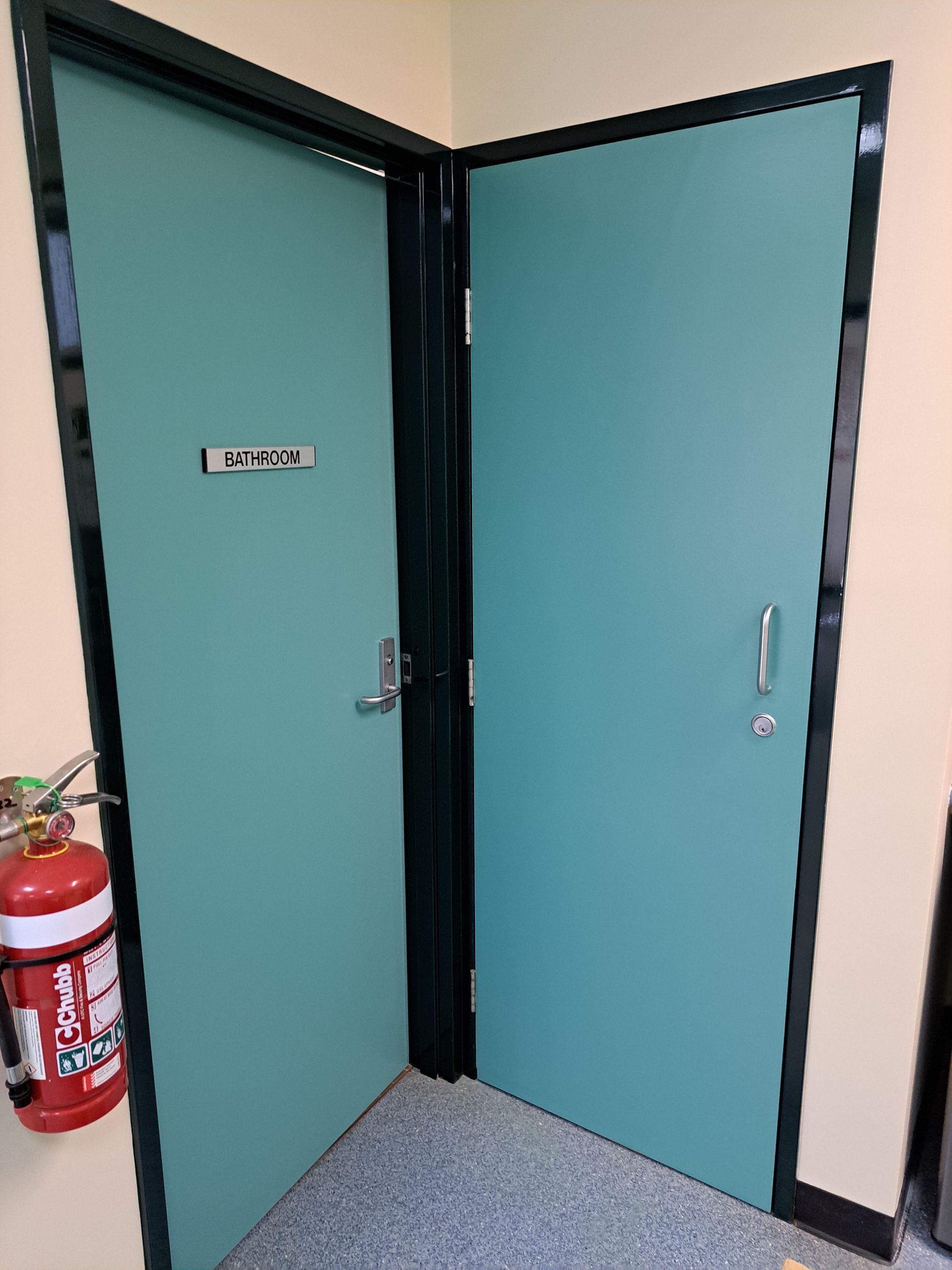 Two teal doors in corner, black frames, silver handles, fire extinguisher on left.