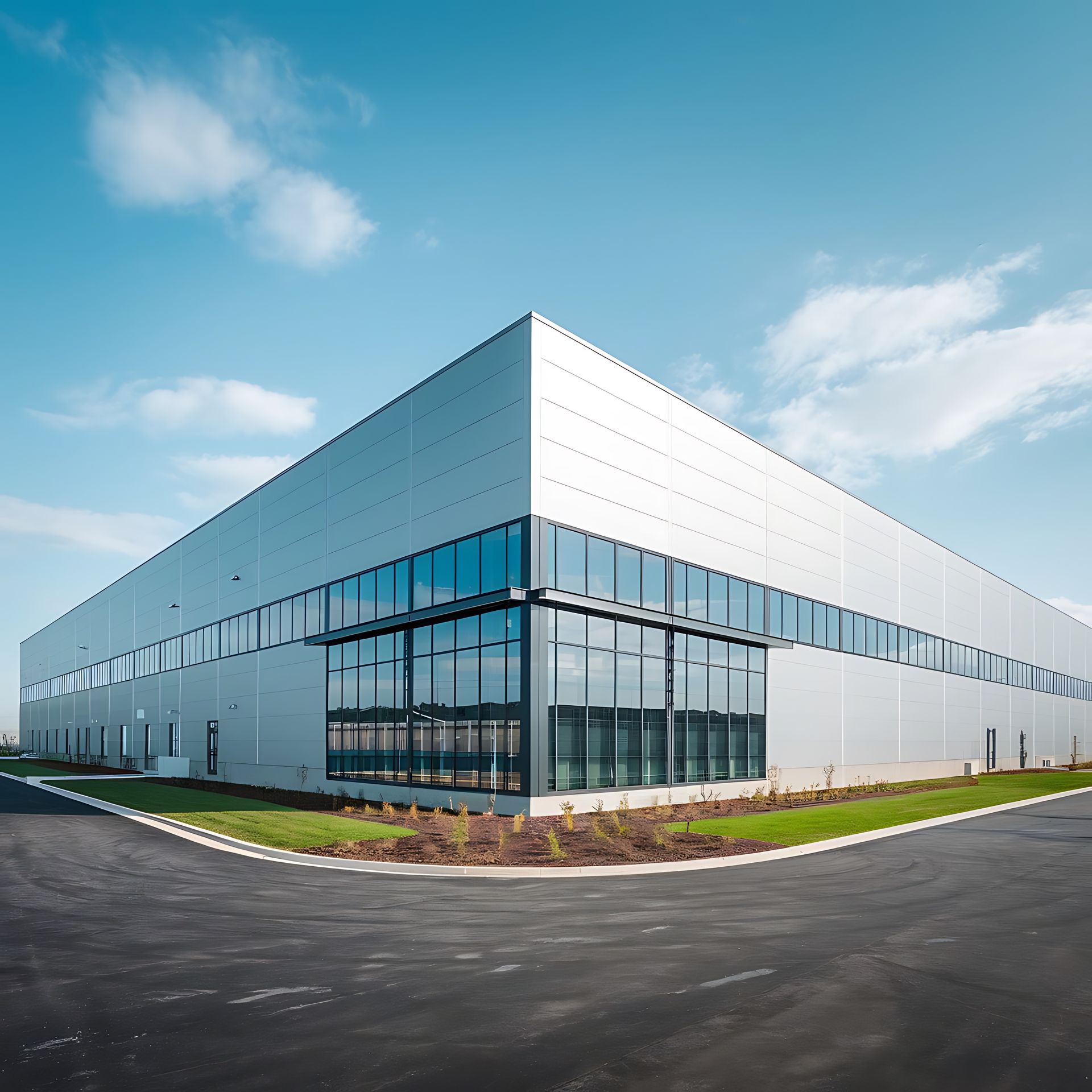 Modern industrial warehouse with white metal siding and large glass corner windows under a blue sky