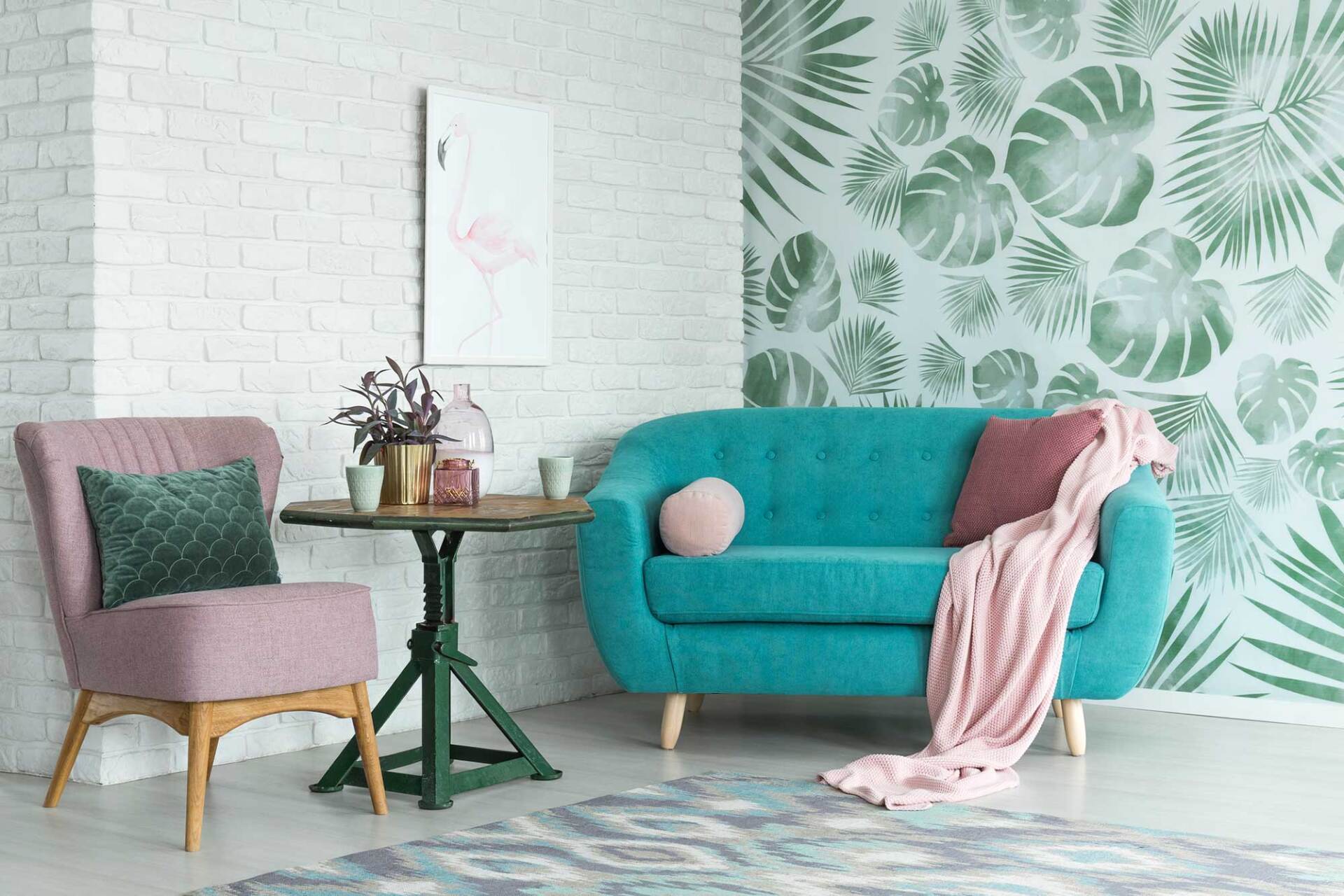 Pink Chair and Blue Sofa in Living Room with Floral Wallpaper — Wilmington, DE — Ayala Painting