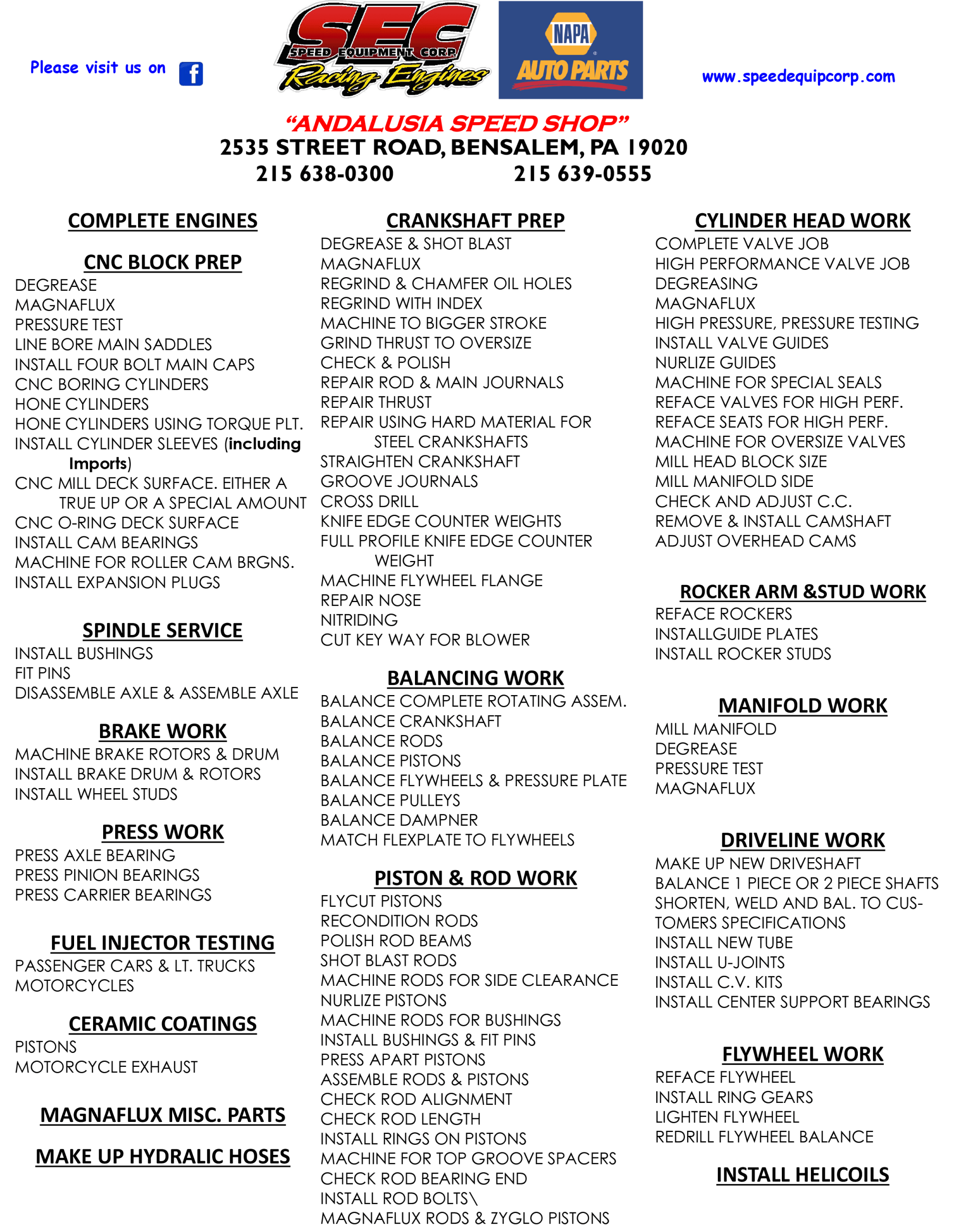 Flyer for Vandalia Speed Shop with parts and services list, address, and contact info.