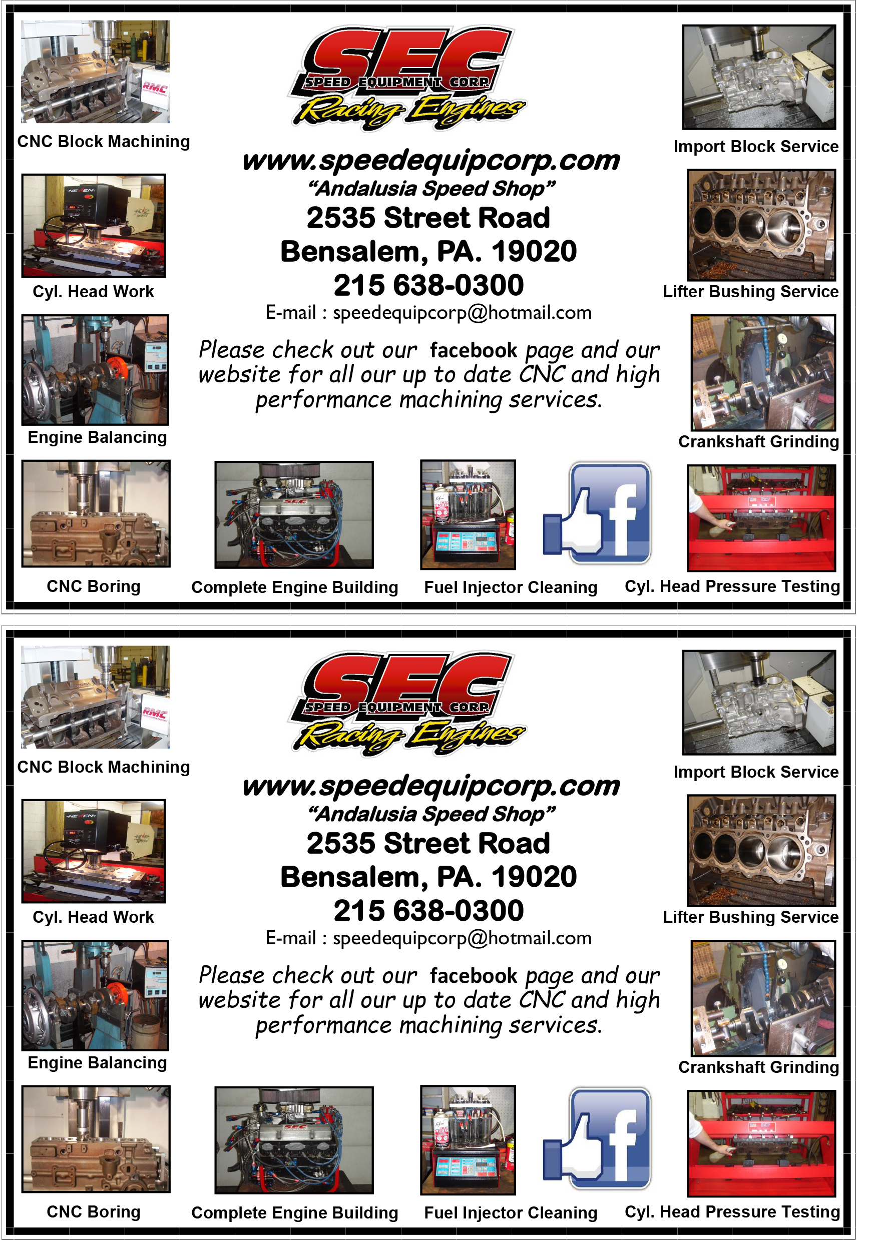 Two business cards for Speed Equip Corp, a machine shop in Bensalem, PA.