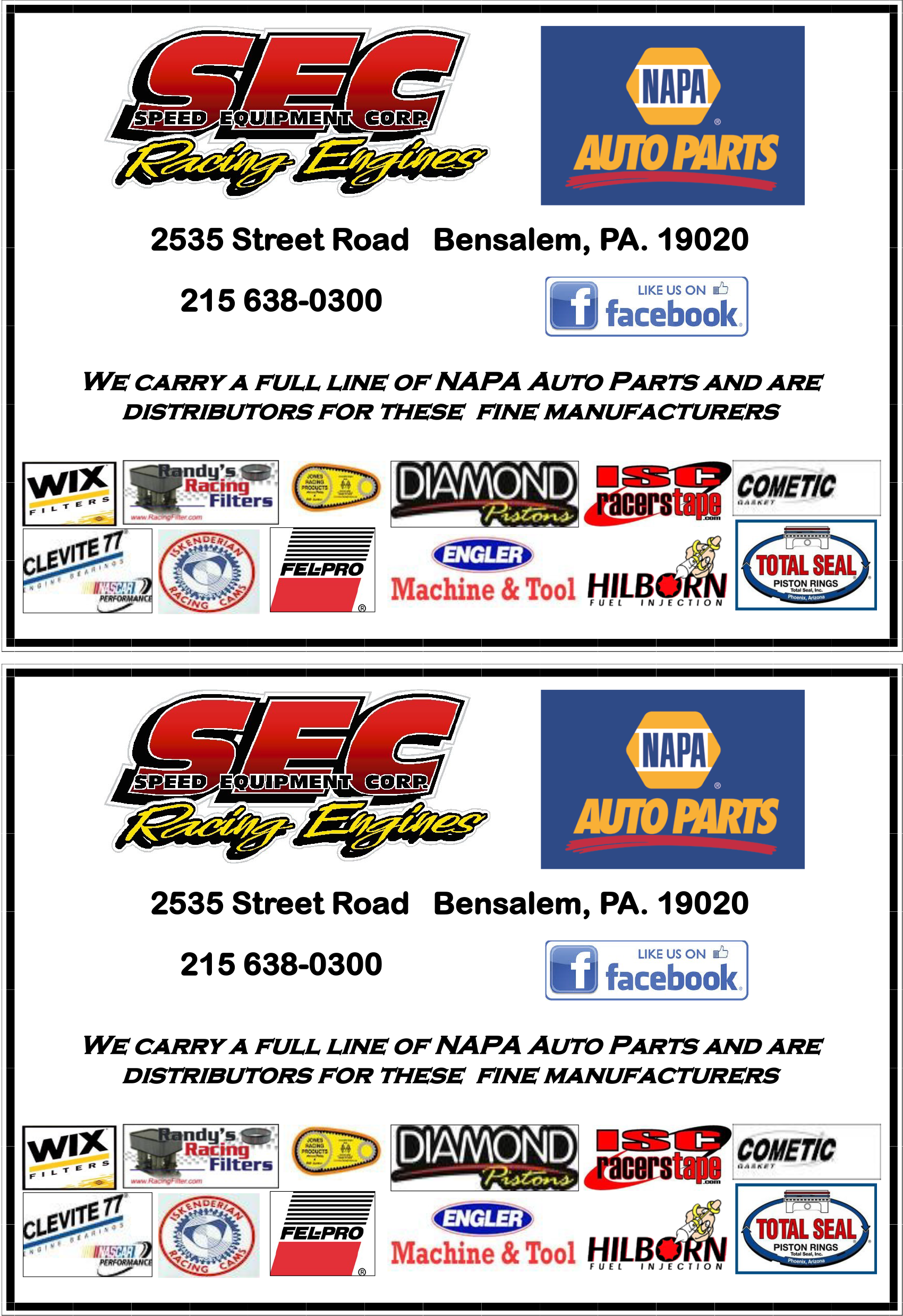 Two business cards: SEC auto parts, NAPA Auto Parts, address, phone number, Facebook icon, and logos of manufacturers.