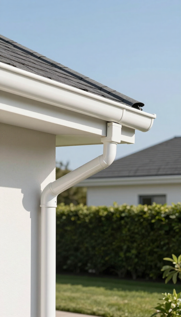 White house roof and gutter downspout beside a green hedge and lawn under a blue sky