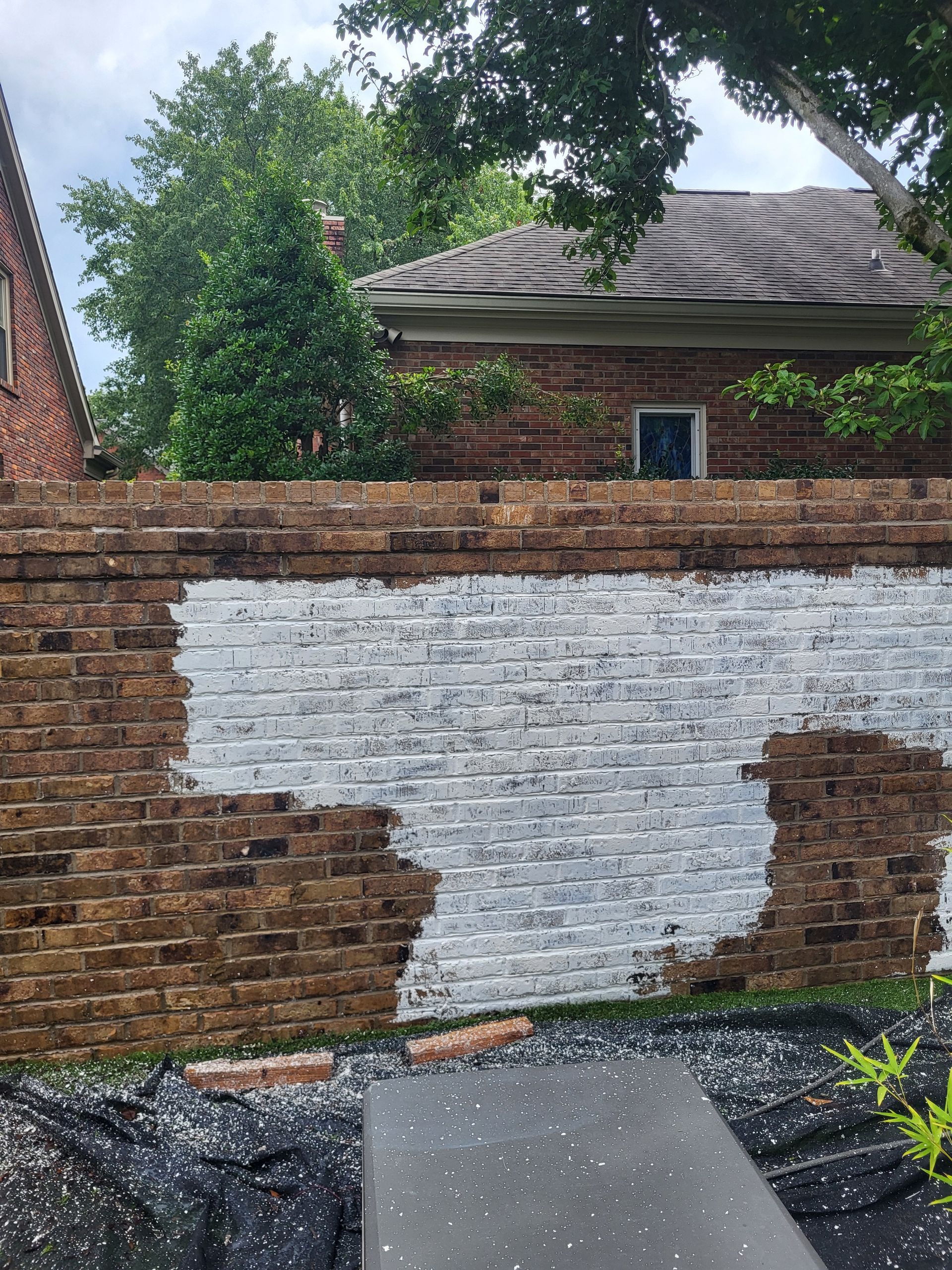 A brick wall in a garden setting partially covered with white primer paint, with a black-covered ground area in front.