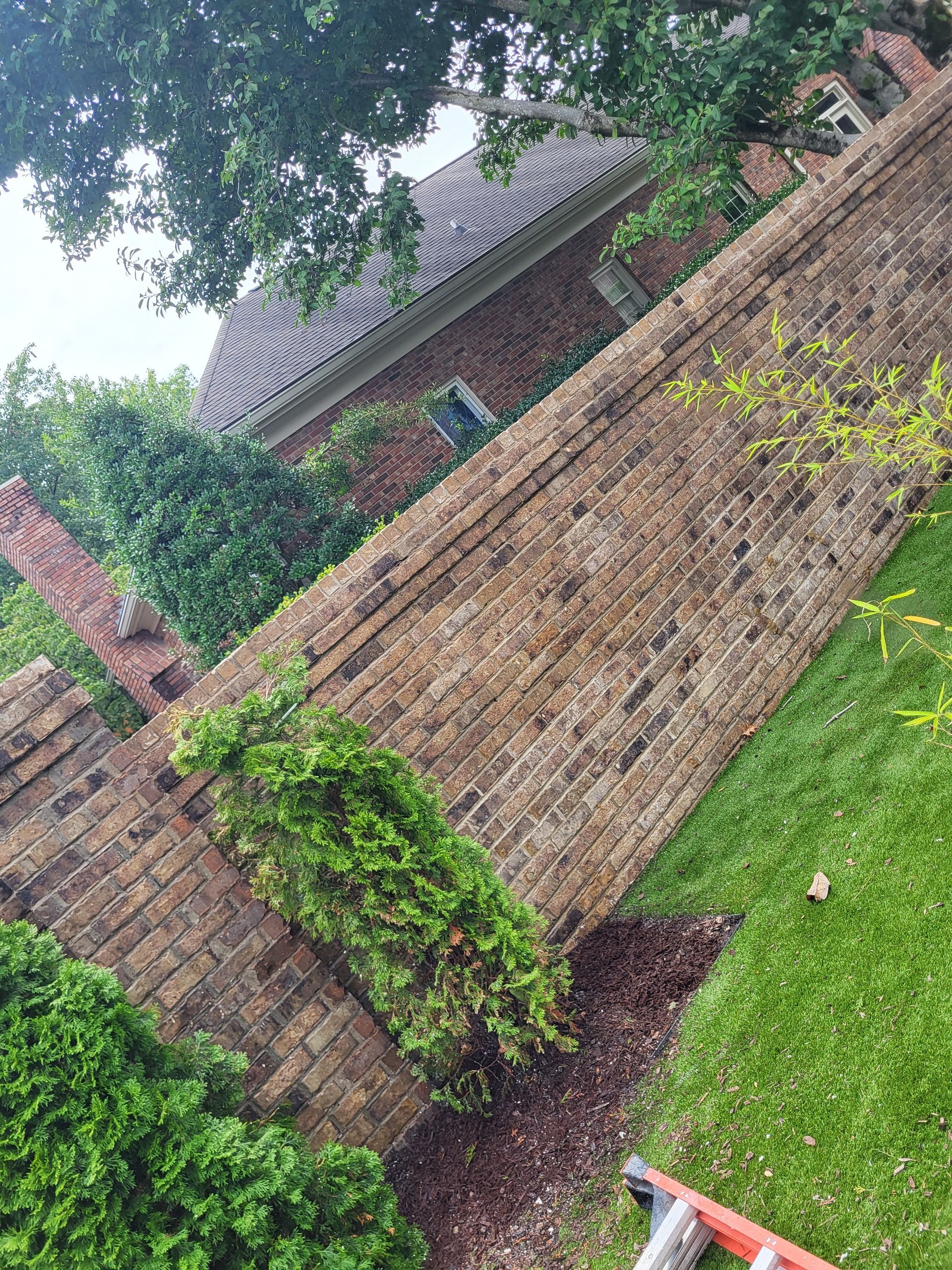 A brown brick wall stands in a garden with green shrubs, a lawn, and part of a house roof visible in the background.