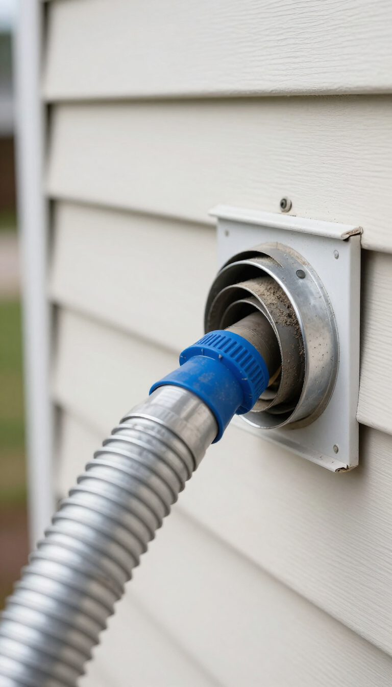 Flexible hose connected to a wall-mounted vent on beige siding