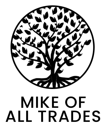 A black and white logo featuring a tree inside a circle above the text "MIKE OF ALL TRADES."