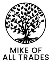 A black and white logo featuring a tree inside a circle above the text "MIKE OF ALL TRADES."