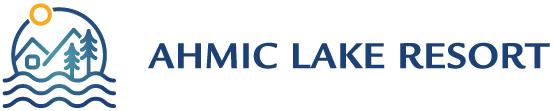 Ahmic Lake Resort logo with blue mountain, sun, and waves icon beside text