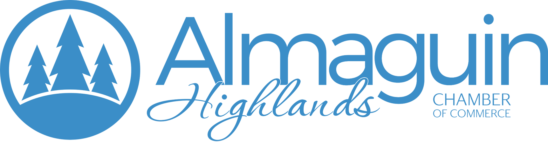 Almaquin Highlands logo with blue mountains, pine trees, and a circular emblem on a white background