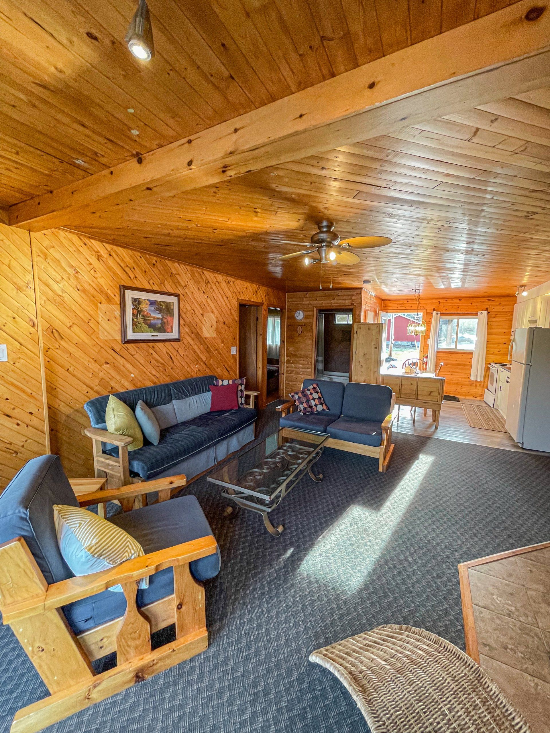 Wood-paneled living room with sofas, chairs, rug, and bright sunlight through windows