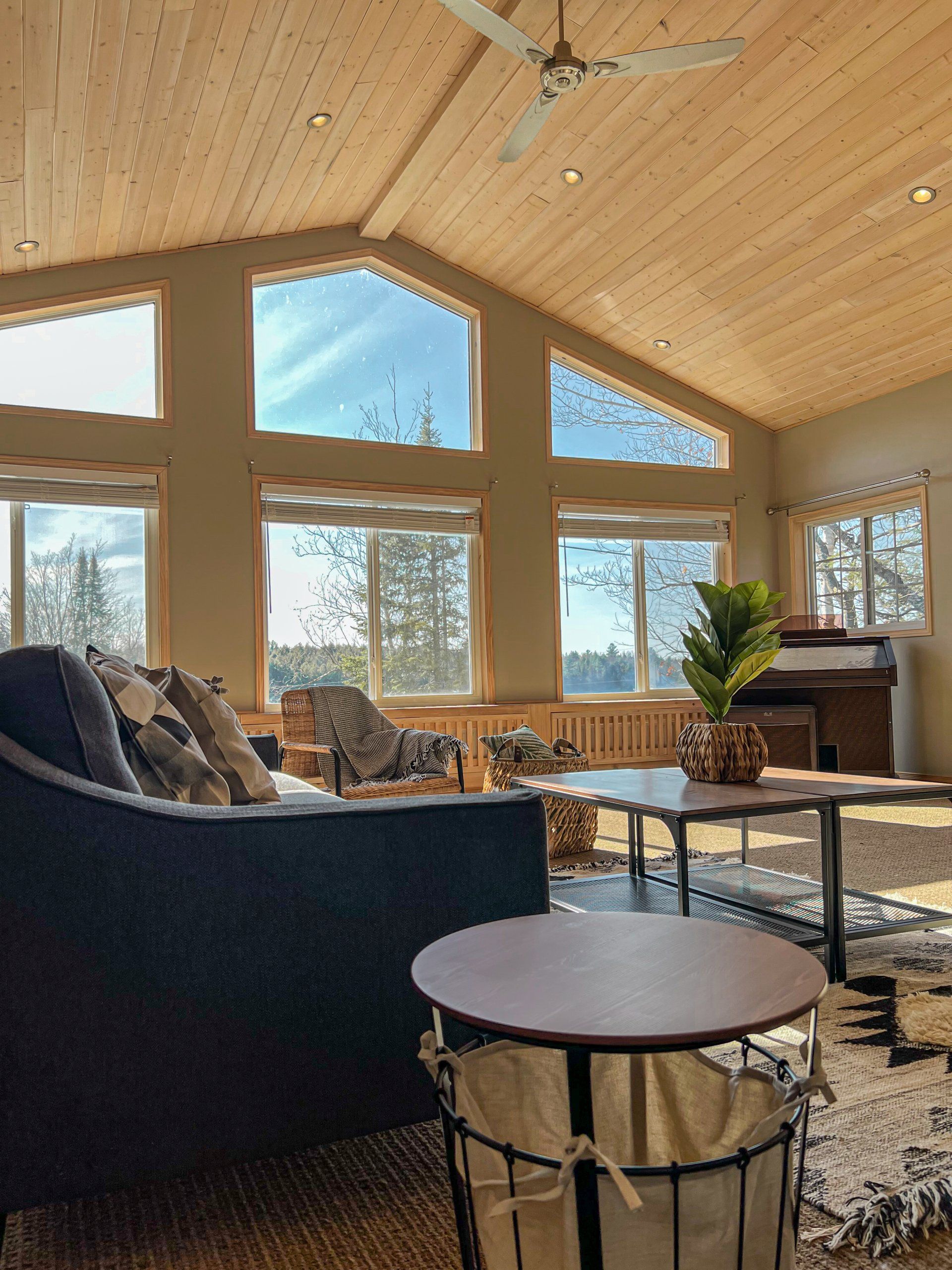 Bright living room with vaulted wood ceiling, large windows, a dark sofa, and a coffee table overlooking trees.
