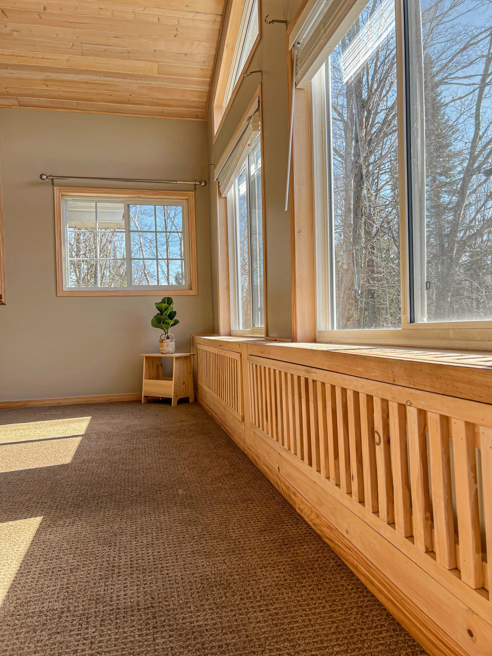 Sunlit empty room with wood-paneled ceiling, large windows, and patterned carpet.