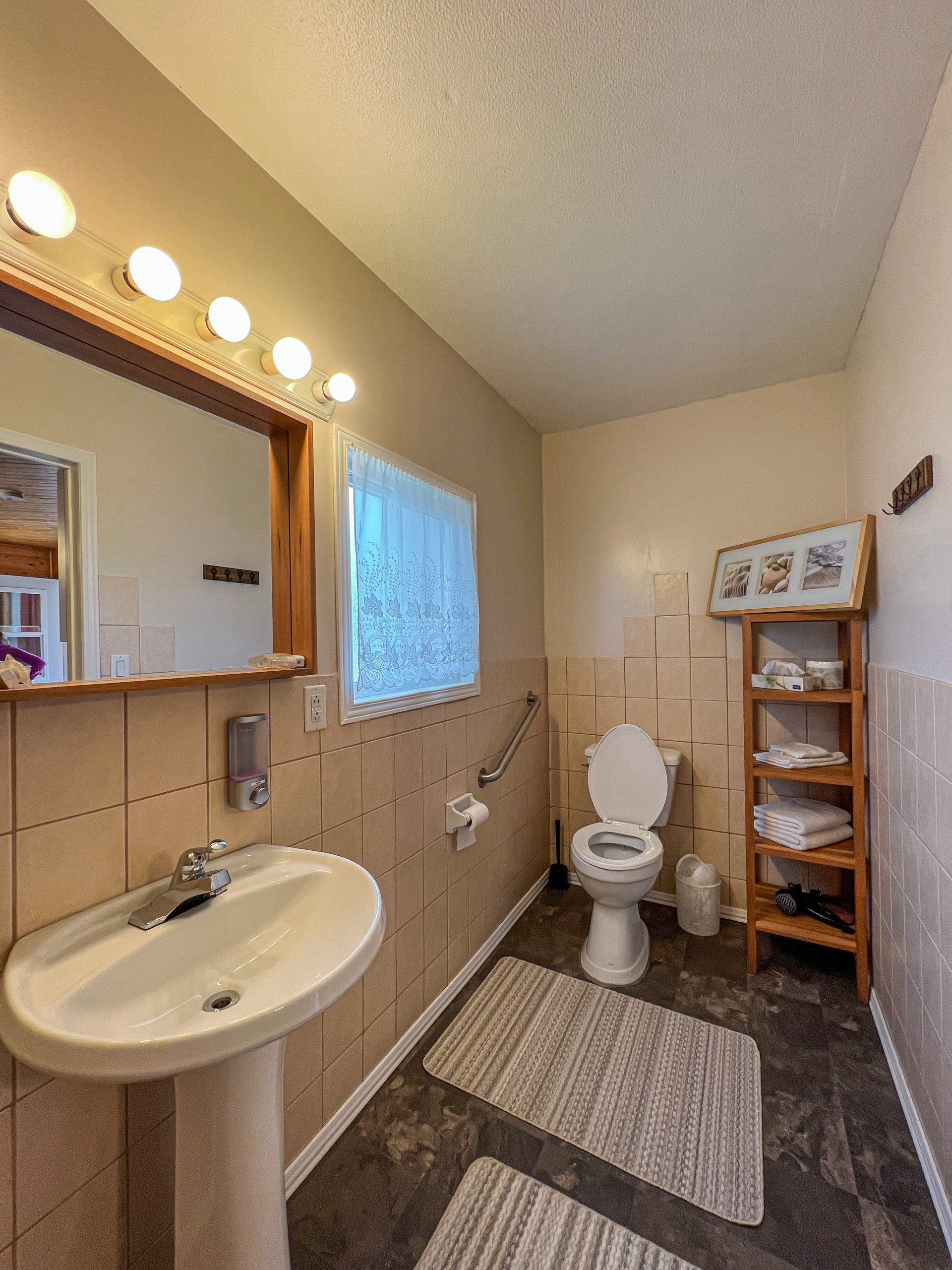 Small bathroom with sink, toilet, mirror lights, window, rug, and shelving unit