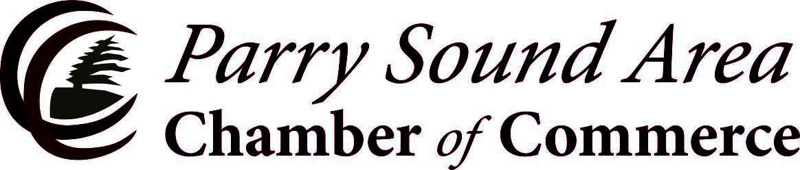 Parry Sound Area Chamber of Commerce logo with black text and a stylized circular swoosh icon