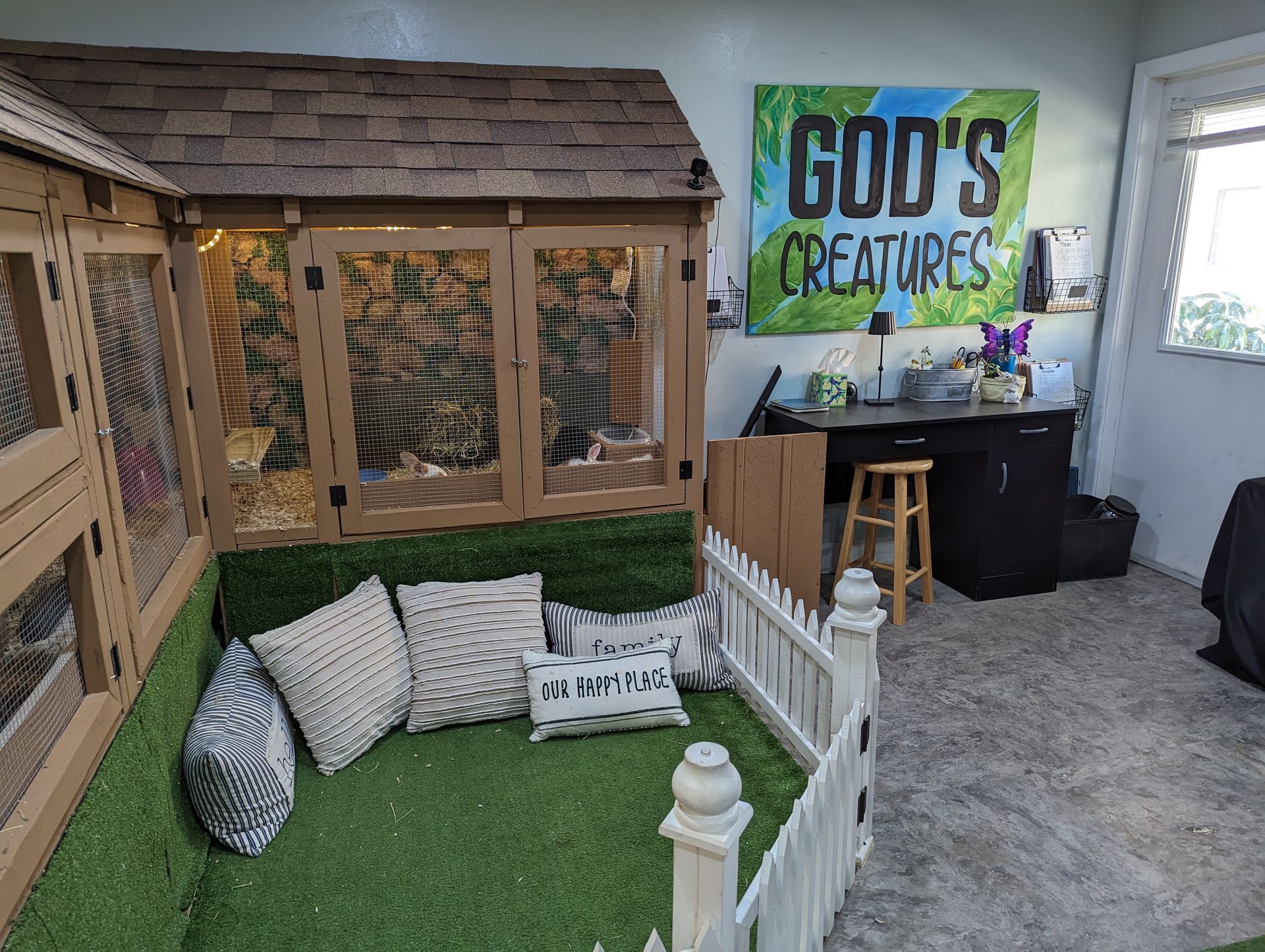 There is a sign on the wall that says `` god 's creatures ''.