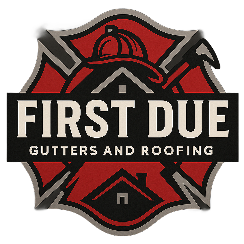Logo for First Due Gutters and Roofing featuring a red Maltese cross, a fire helmet, an axe, and a house silhouette.