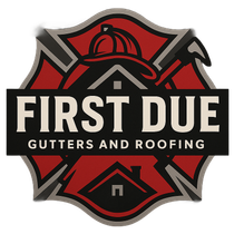 Logo for First Due Gutters and Roofing featuring a red Maltese cross, a fire helmet, and a house outline in red and black.