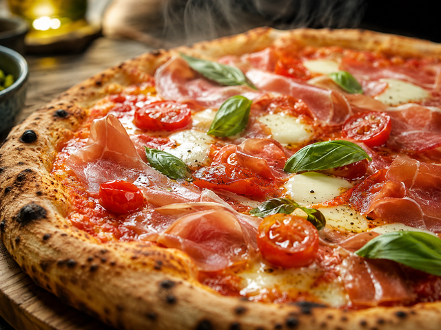 Pizza margherita cotta nel forno a legna con pomodori, mozzarella, basilico e prosciutto.