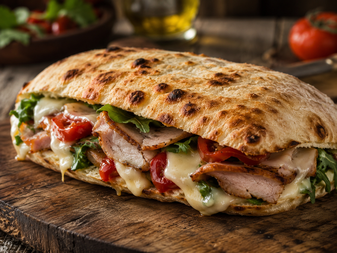 Panino grigliato con formaggio fuso, pomodori e verdure su un tagliere di legno.
